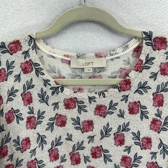 LOFT Women’s Sweater Sz L Crewneck Long Sleeve Cream/Gray/Pink Floral Lightwt - Picture 3 of 12